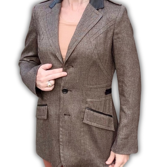 🤍 Etcetera Wool-Blend Blazer w/ Leather Trim Military Inspired — Sz 2 - Picture 1 of 14